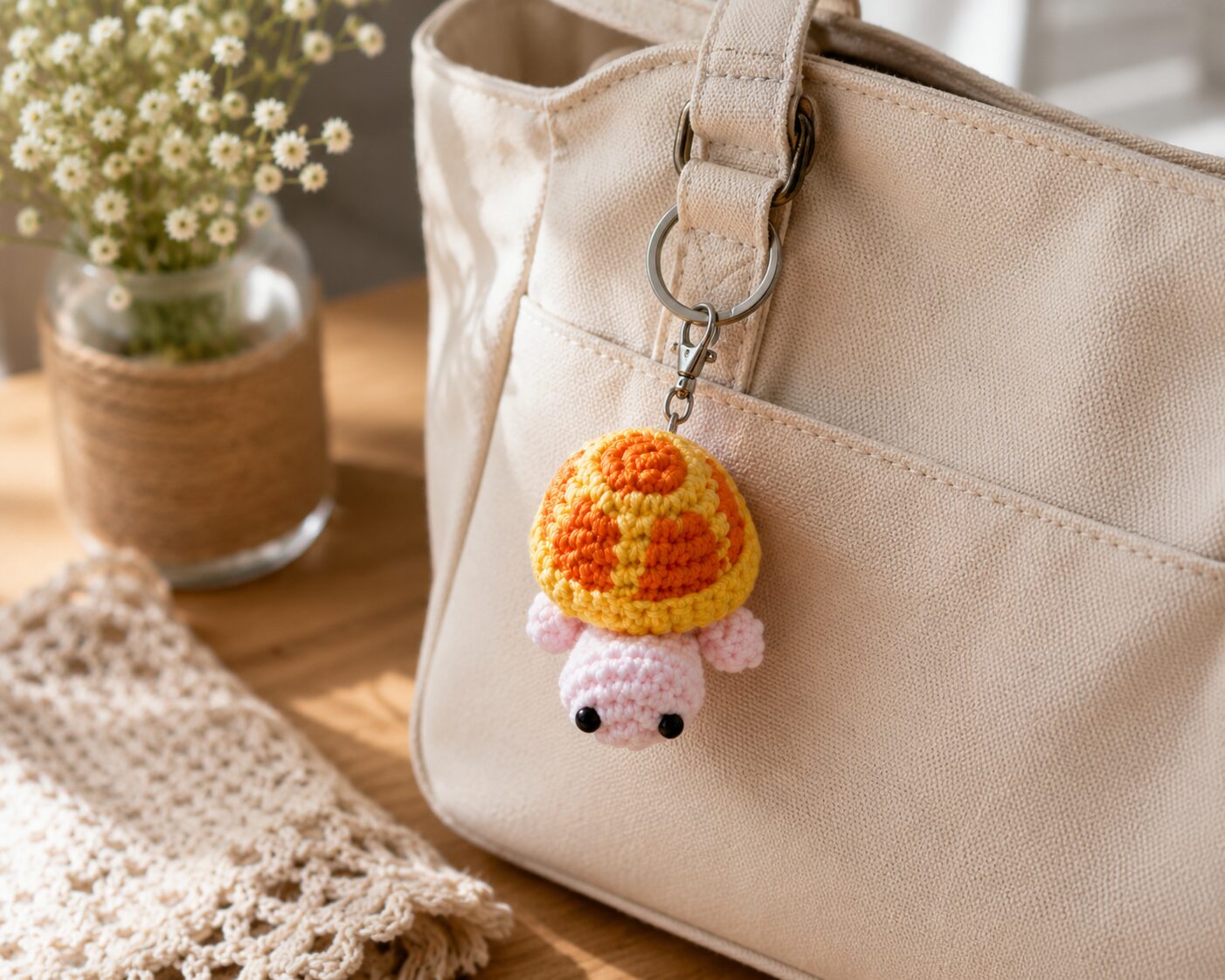 Handmade Yellow Orange Crochet Turtle Keychain With Cute Animal Bag Charm - Image 2