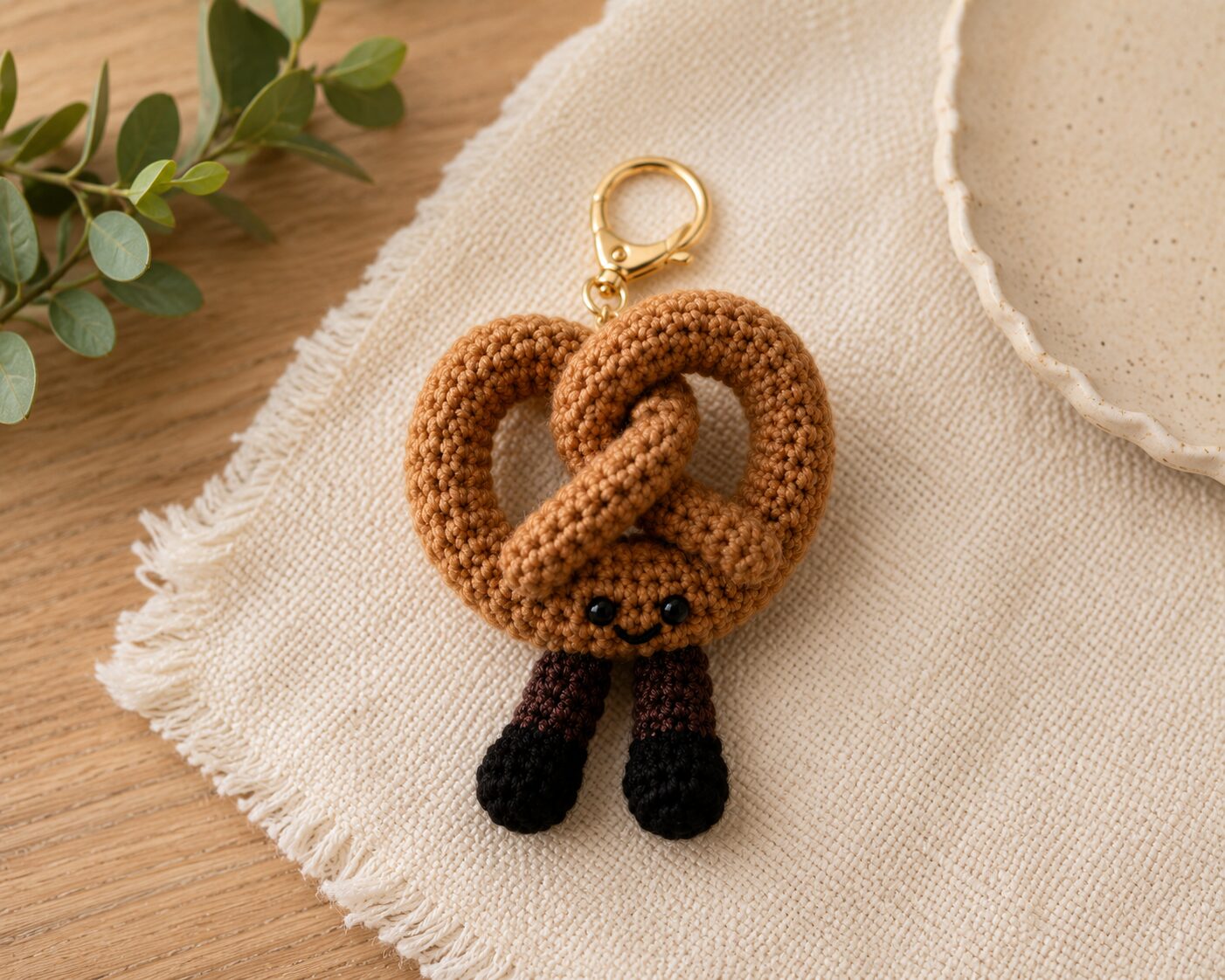 Handmade Crochet Pretzel Keychain With Aesthetic Food Bag Charm Accessory