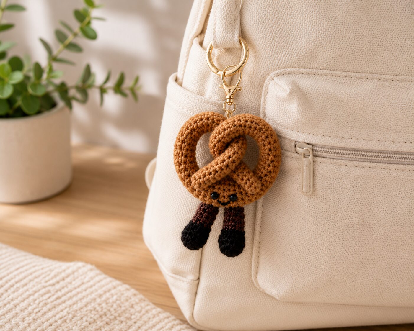 Handmade Crochet Pretzel Keychain With Aesthetic Food Bag Charm Accessory - Image 2