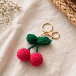 Handmade Crochet Cherry Keychain With Aesthetic Double Bag Charm Accessory