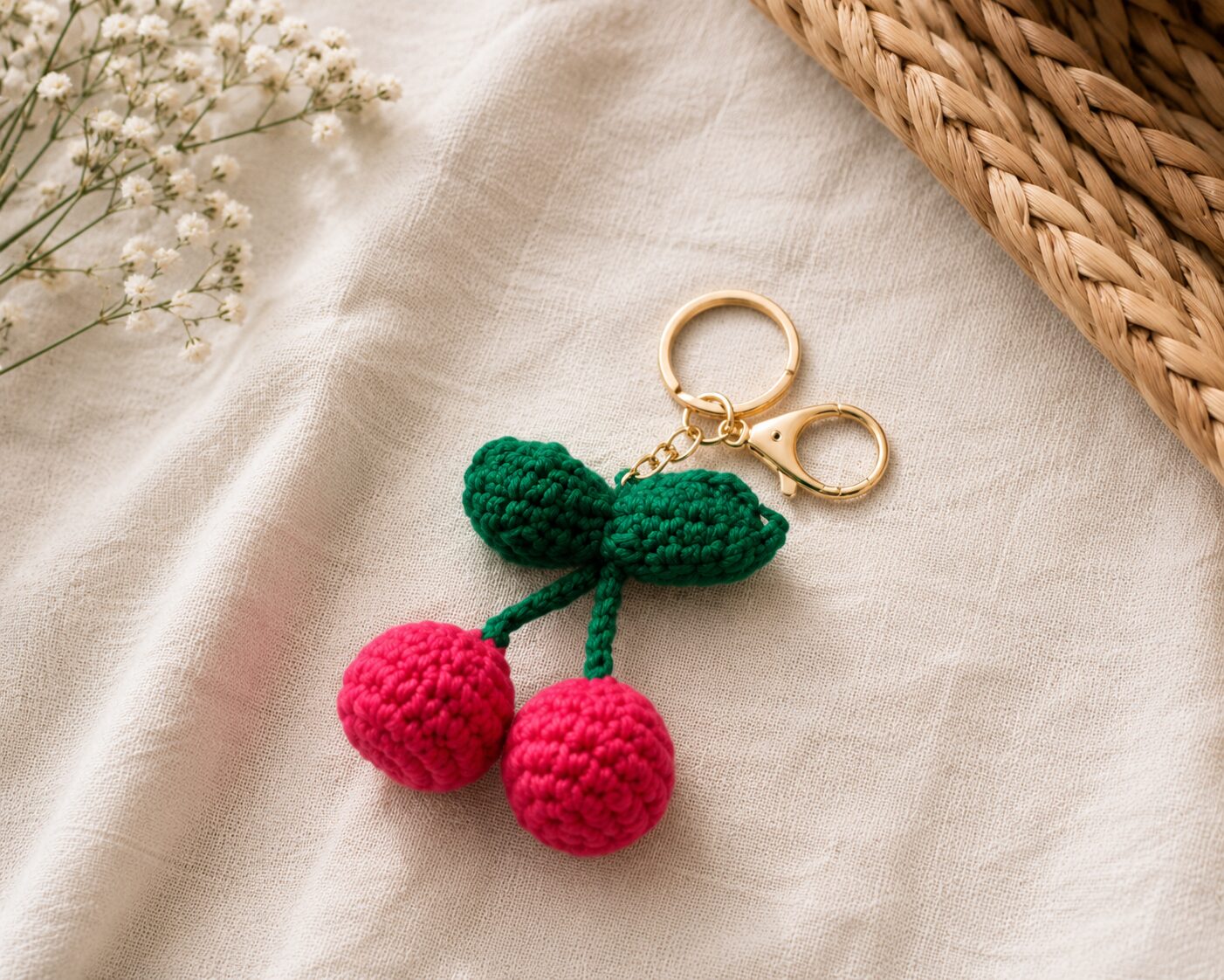 Handmade Crochet Cherry Keychain With Aesthetic Double Bag Charm Accessory