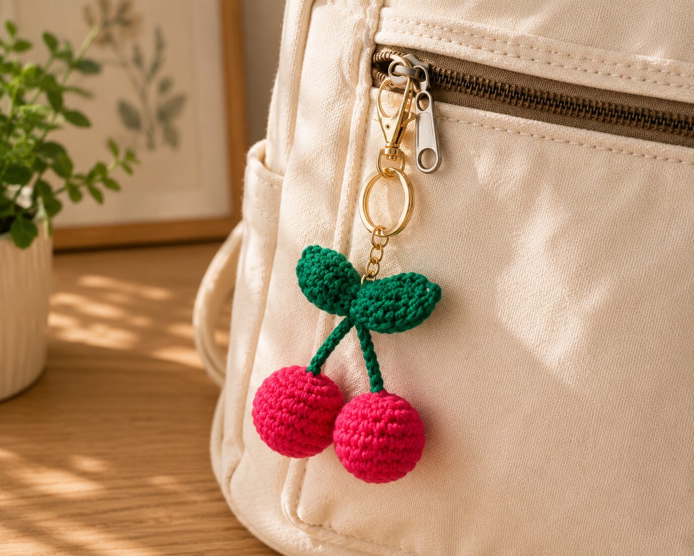 Handmade Crochet Cherry Keychain With Aesthetic Double Bag Charm Accessory - Image 2