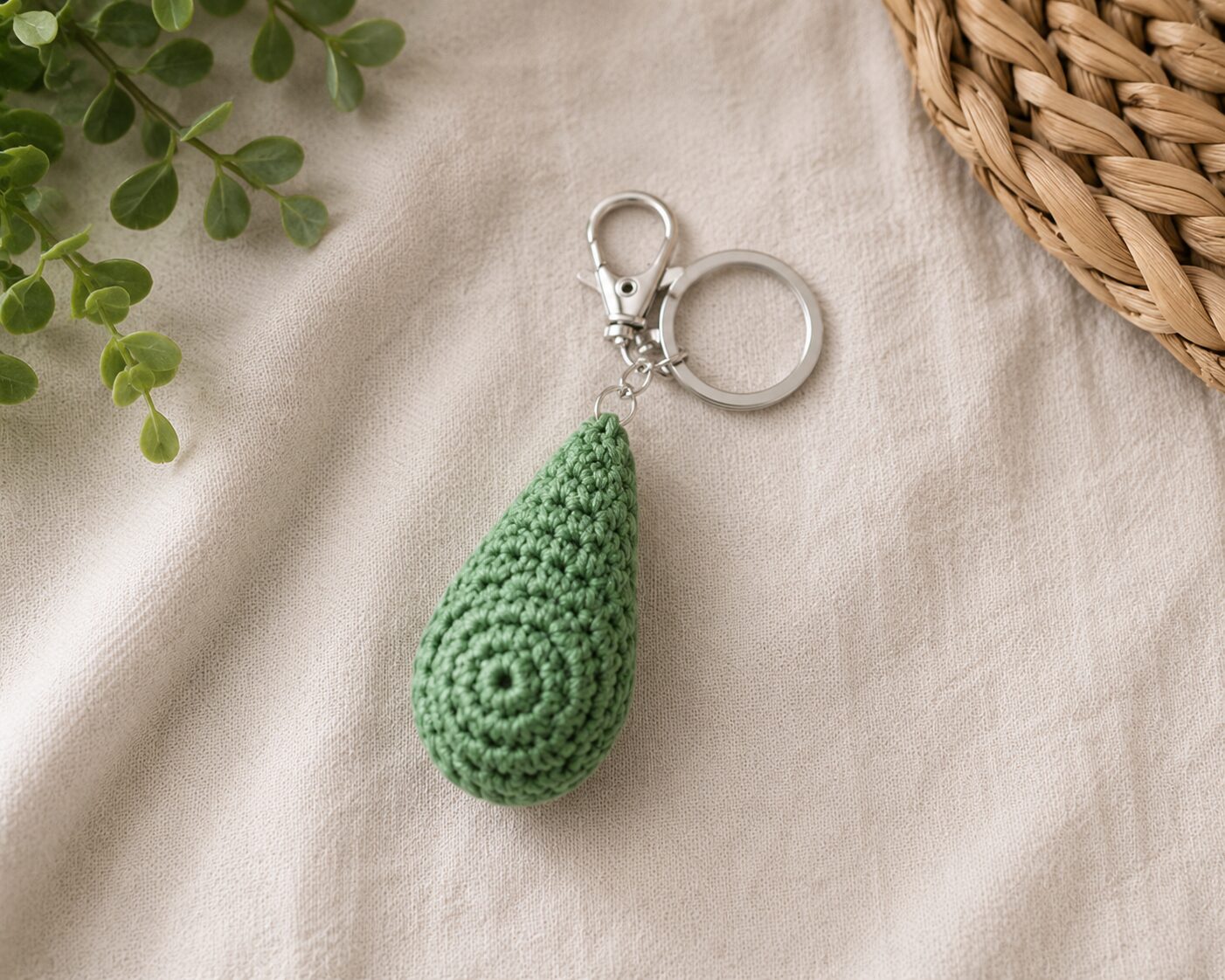 Handmade Crochet Green Keychain With Soft Bag And Key Accessory