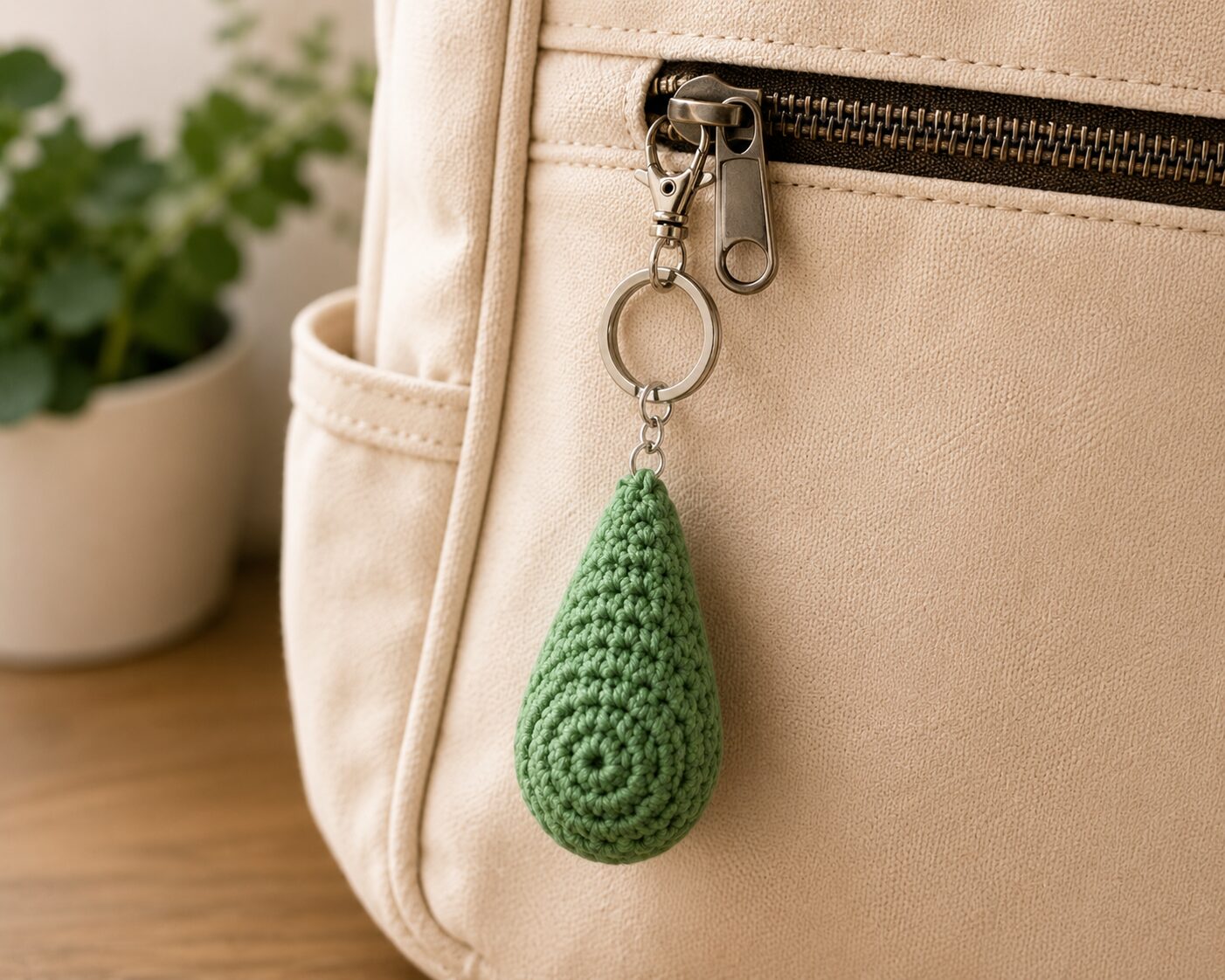 Handmade Crochet Green Keychain With Soft Bag And Key Accessory - Image 2