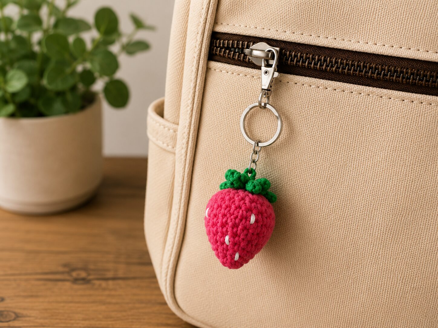Handmade Crochet Strawberry Keychain With Cute Fruit Bag Charm Accessory - Image 2