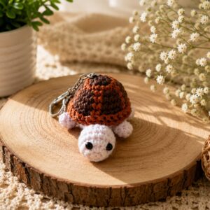 Handmade Brown Crochet Turtle Keychain With Cute Animal Bag Charm