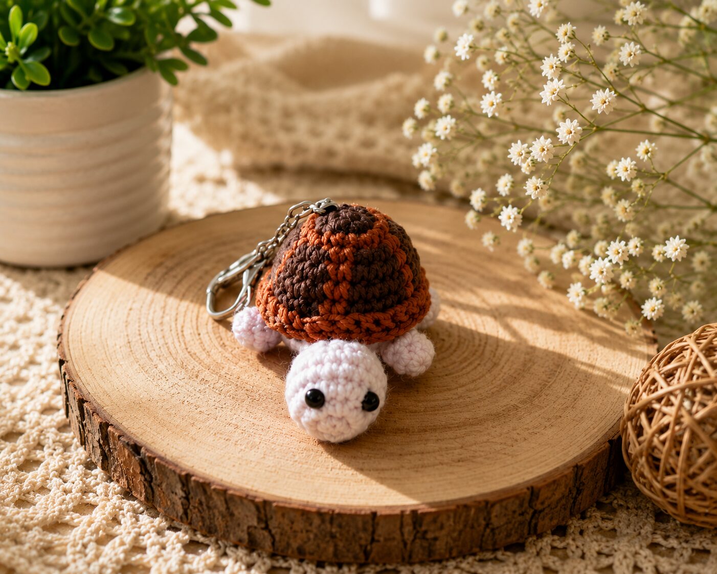 Handmade Brown Crochet Turtle Keychain With Cute Animal Bag Charm