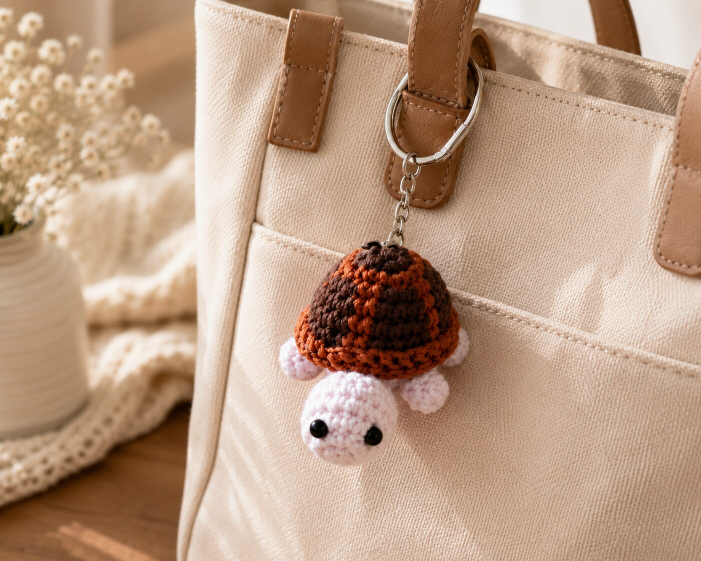 Handmade Brown Crochet Turtle Keychain With Cute Animal Bag Charm - Image 2