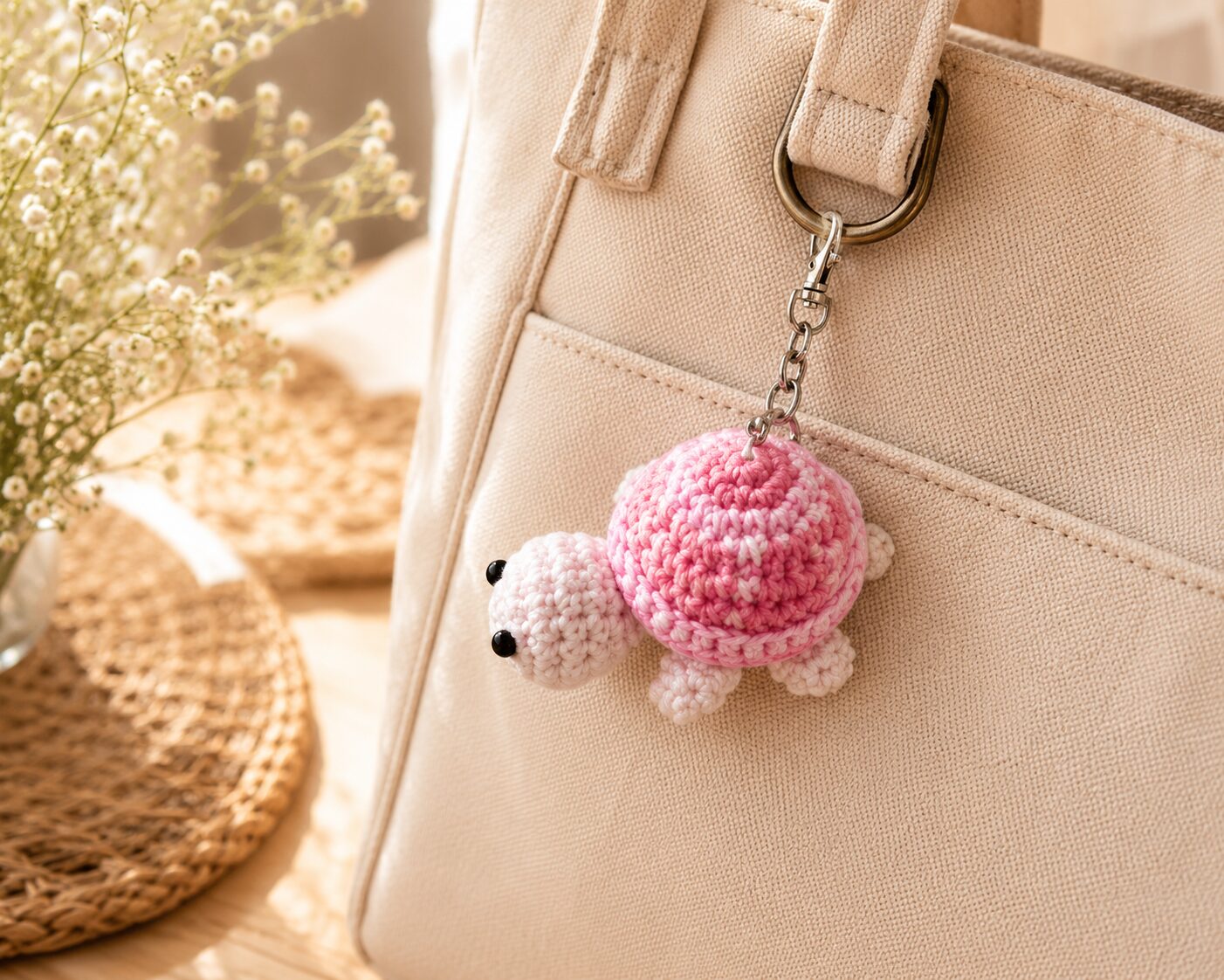 Handmade Pink Crochet Turtle Keychain With Cute Animal Bag Charm - Image 2