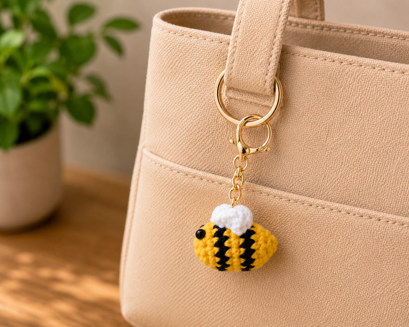 Handmade Crochet Bee Keychain With Aesthetic Mini Bag Charm Accessory - Image 2