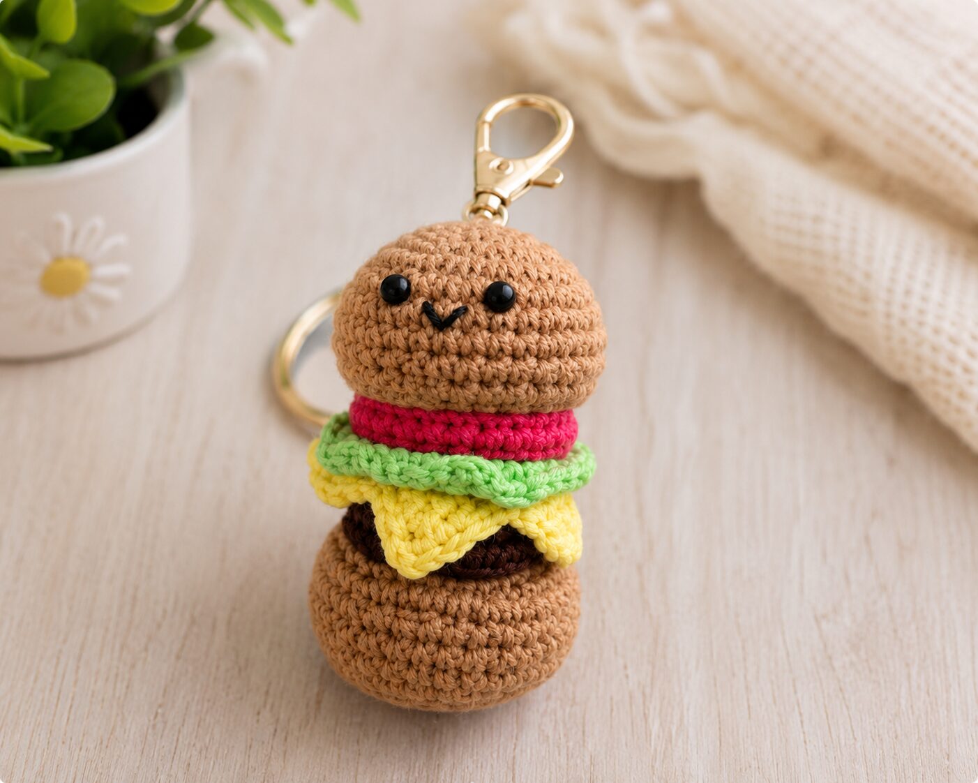 Handmade Crochet Burger Keychain With Aesthetic Food Bag Charm Accessory