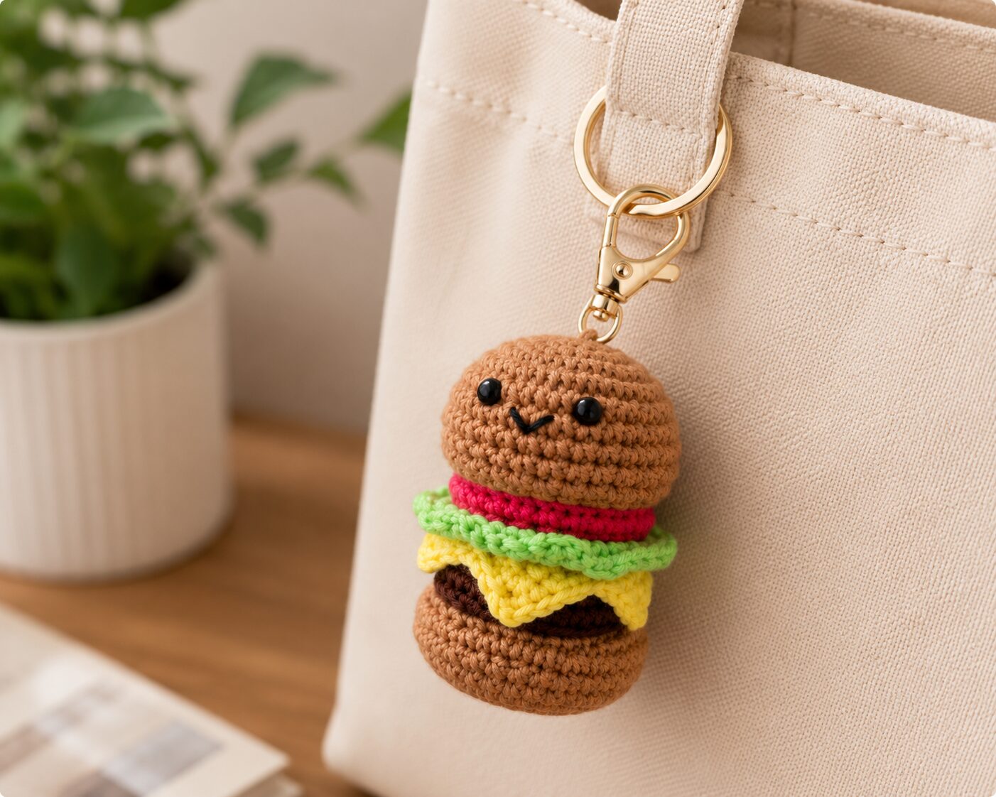 Handmade Crochet Burger Keychain With Aesthetic Food Bag Charm Accessory - Image 2