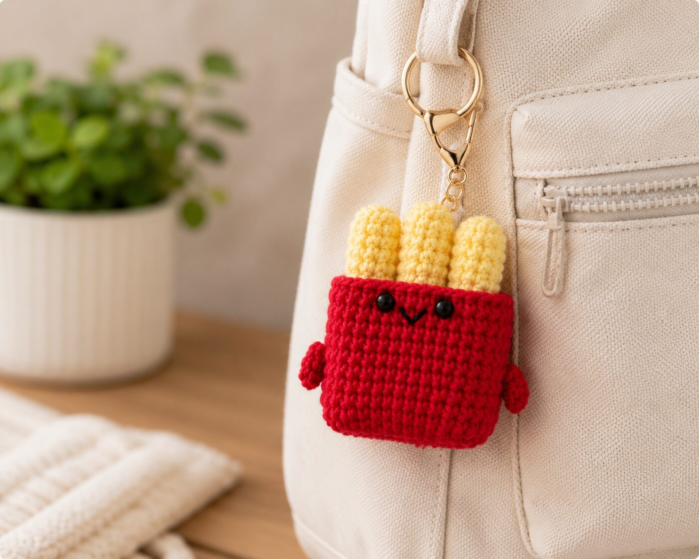 Handmade Crochet French Fries Keychain With Aesthetic Food Bag Charm Accessory - Image 2