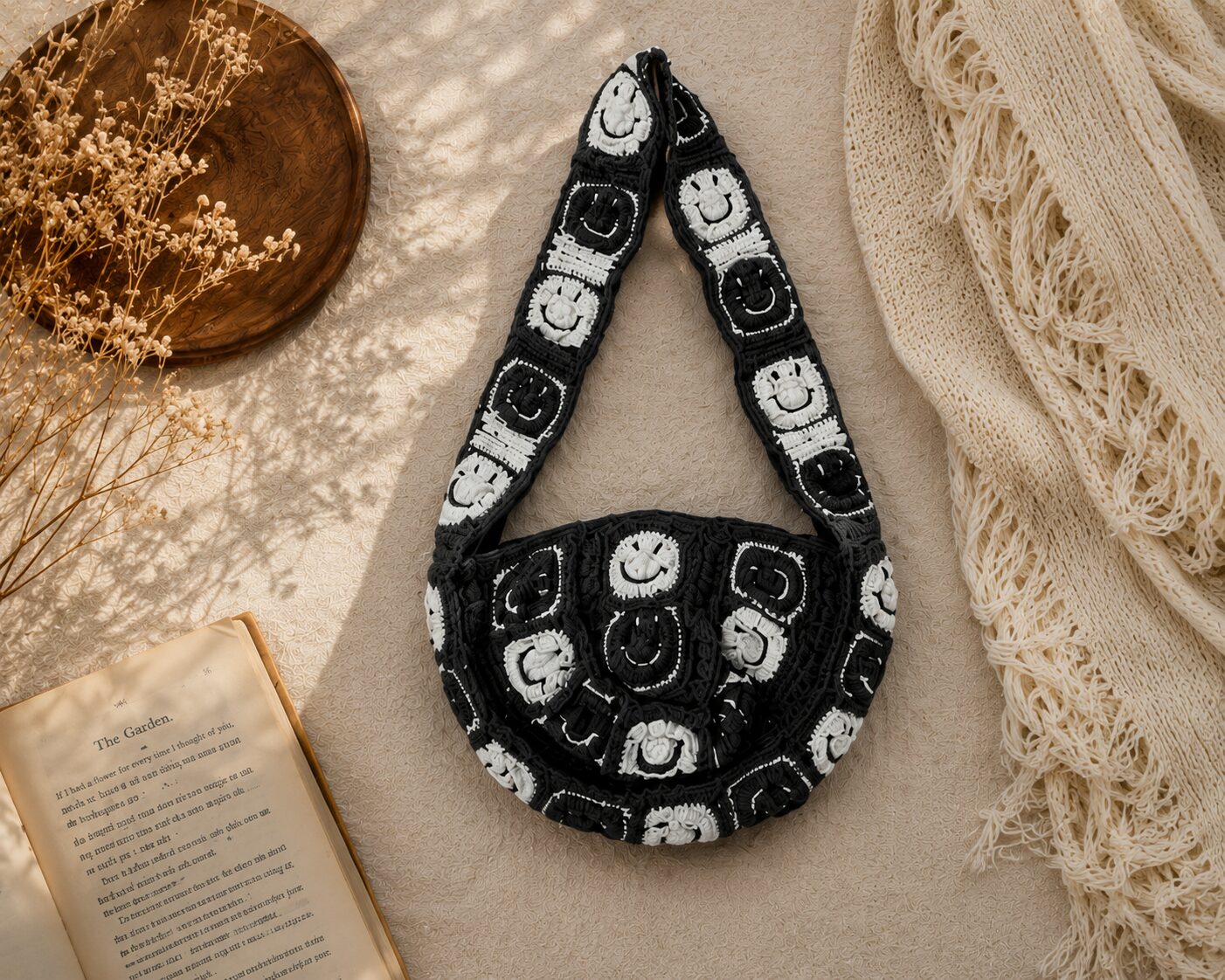 Handmade Crochet Smile Granny Square Bag With Cute Boho Tote Design