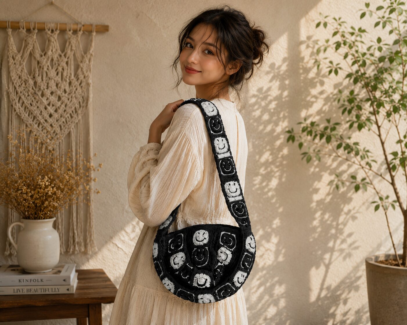 Handmade Crochet Smile Granny Square Bag With Cute Boho Tote Design - Image 2