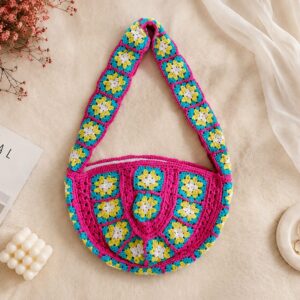 Handmade Crochet Granny Square Bag With Colorful Boho Floral Design
