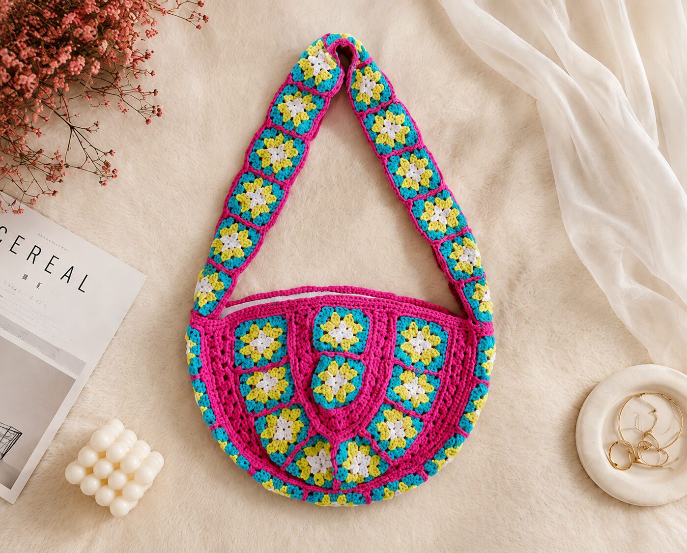 Handmade Crochet Granny Square Bag With Colorful Boho Floral Design