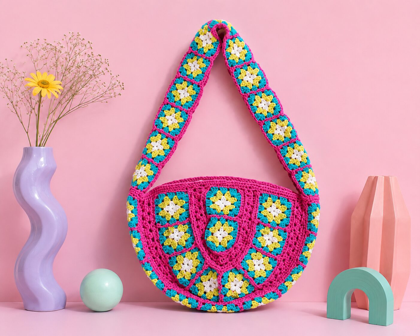 Handmade Crochet Granny Square Bag With Colorful Boho Floral Design - Image 3