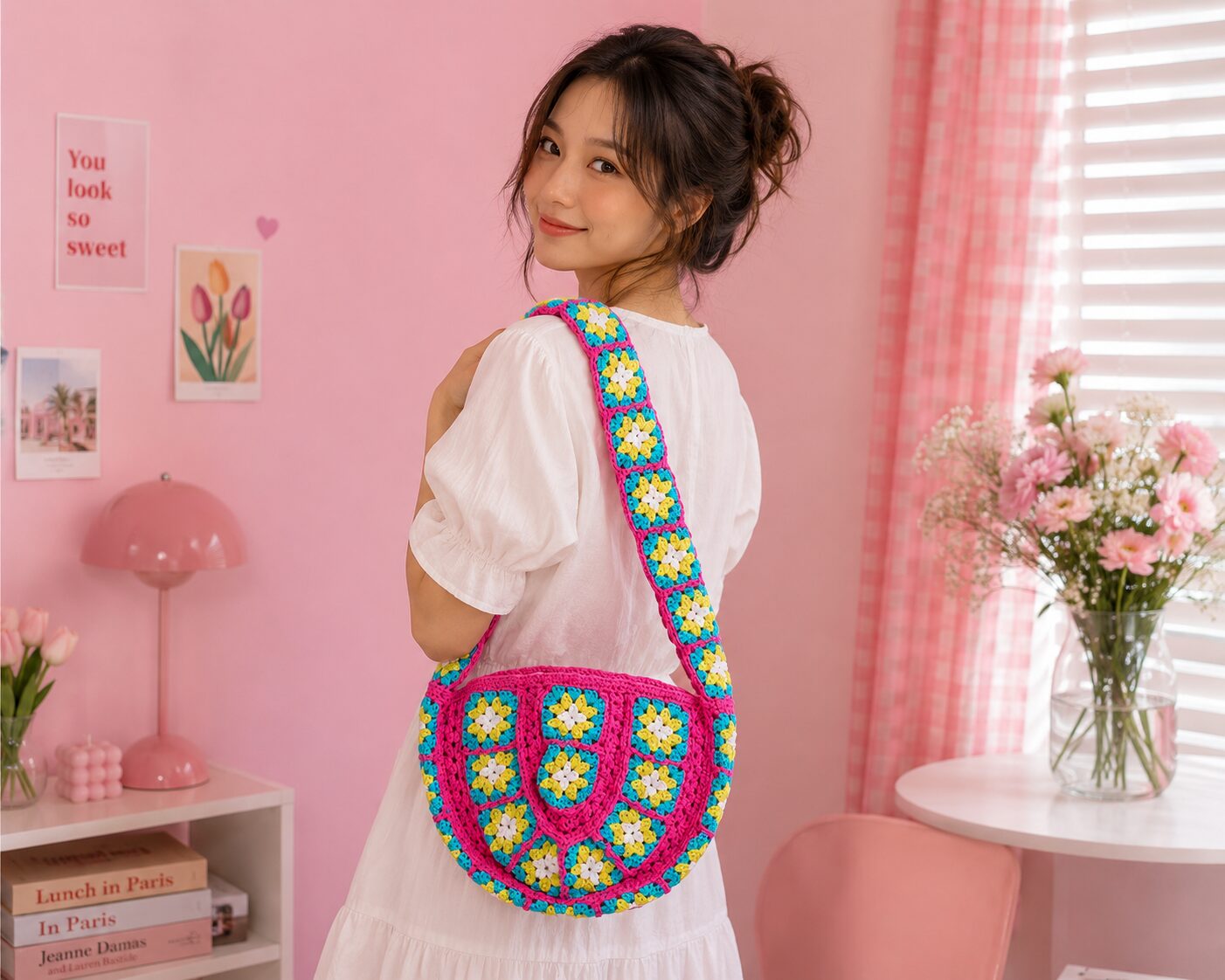 Handmade Crochet Granny Square Bag With Colorful Boho Floral Design - Image 2