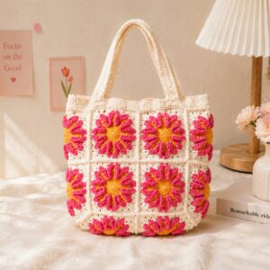 Handmade Crochet Floral Granny Square Tote Bag With Sunflower Boho Design
