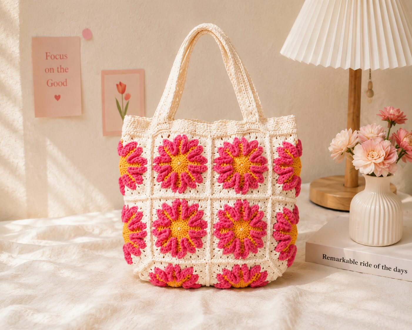 Handmade Crochet Floral Granny Square Tote Bag With Sunflower Boho Design