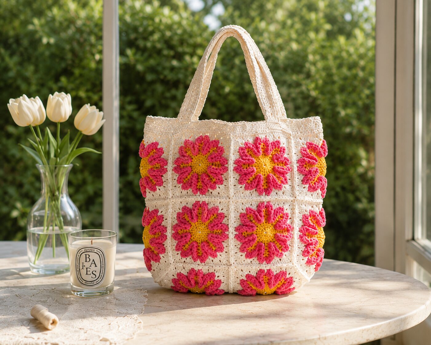 Handmade Crochet Floral Granny Square Tote Bag With Sunflower Boho Design - Image 3