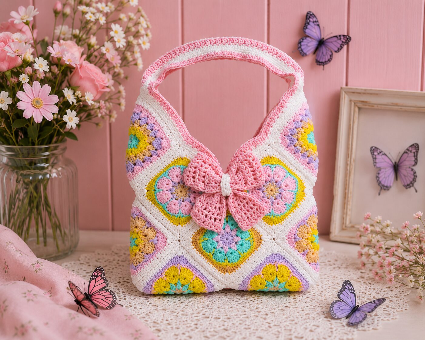 Handmade Crochet Granny Square Tote Bag With Pastel Boho Floral Design - Image 2