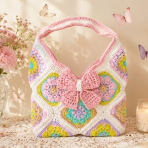 Handmade Crochet Granny Square Tote Bag With Pastel Boho Floral Design