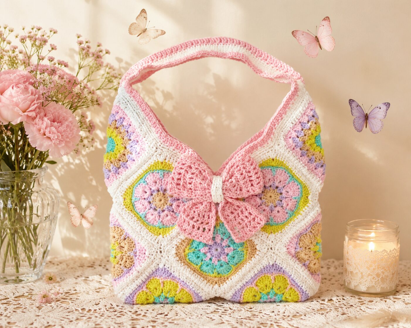 Handmade Crochet Granny Square Tote Bag With Pastel Boho Floral Design