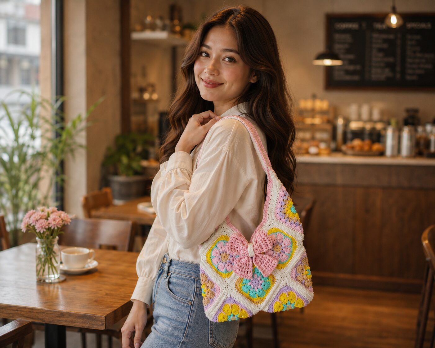 Handmade Crochet Granny Square Tote Bag With Pastel Boho Floral Design - Image 3