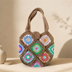 Handmade Crochet Granny Square Tote Bag With Floral Boho Patchwork Design