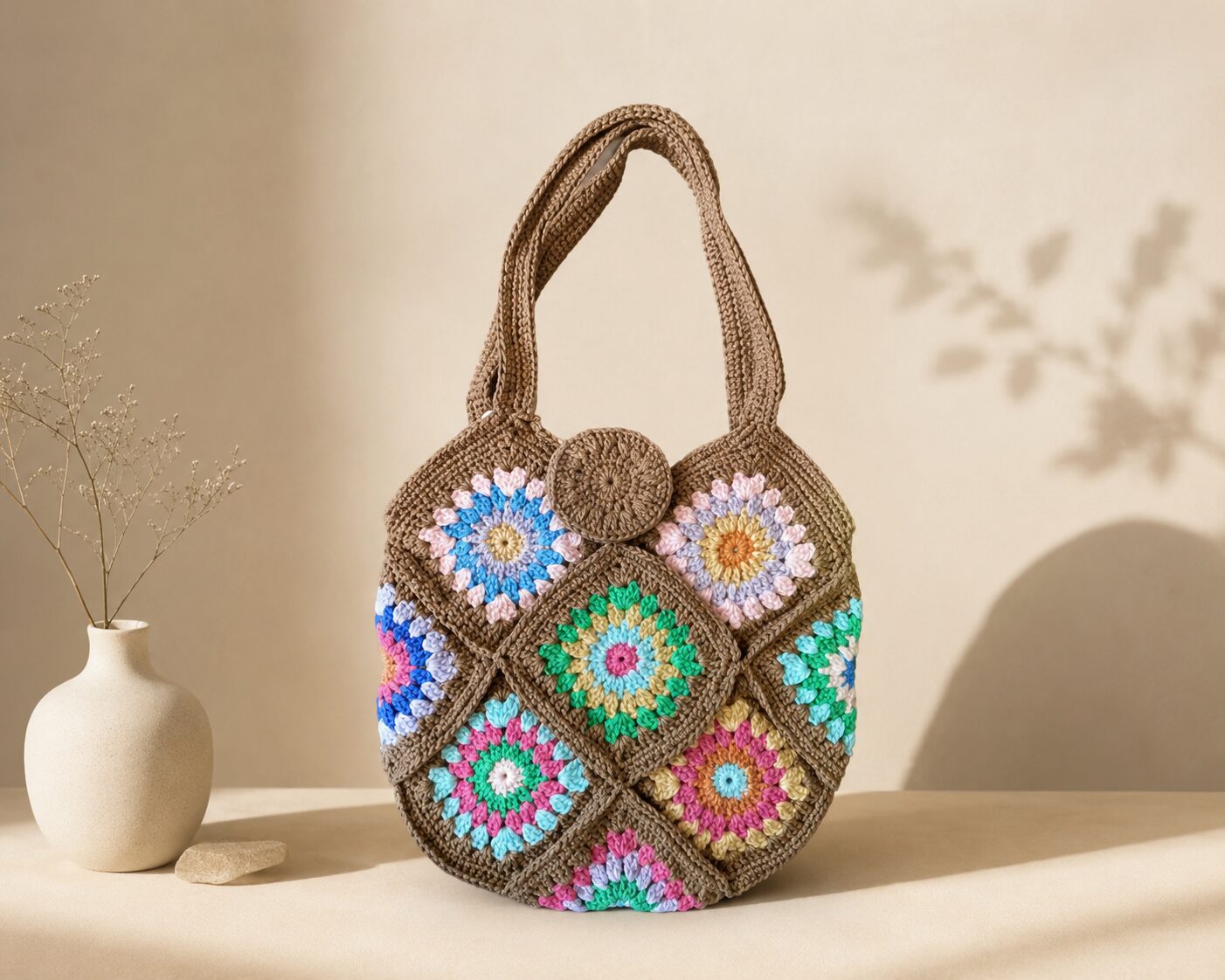 Handmade Crochet Granny Square Tote Bag With Floral Boho Patchwork Design