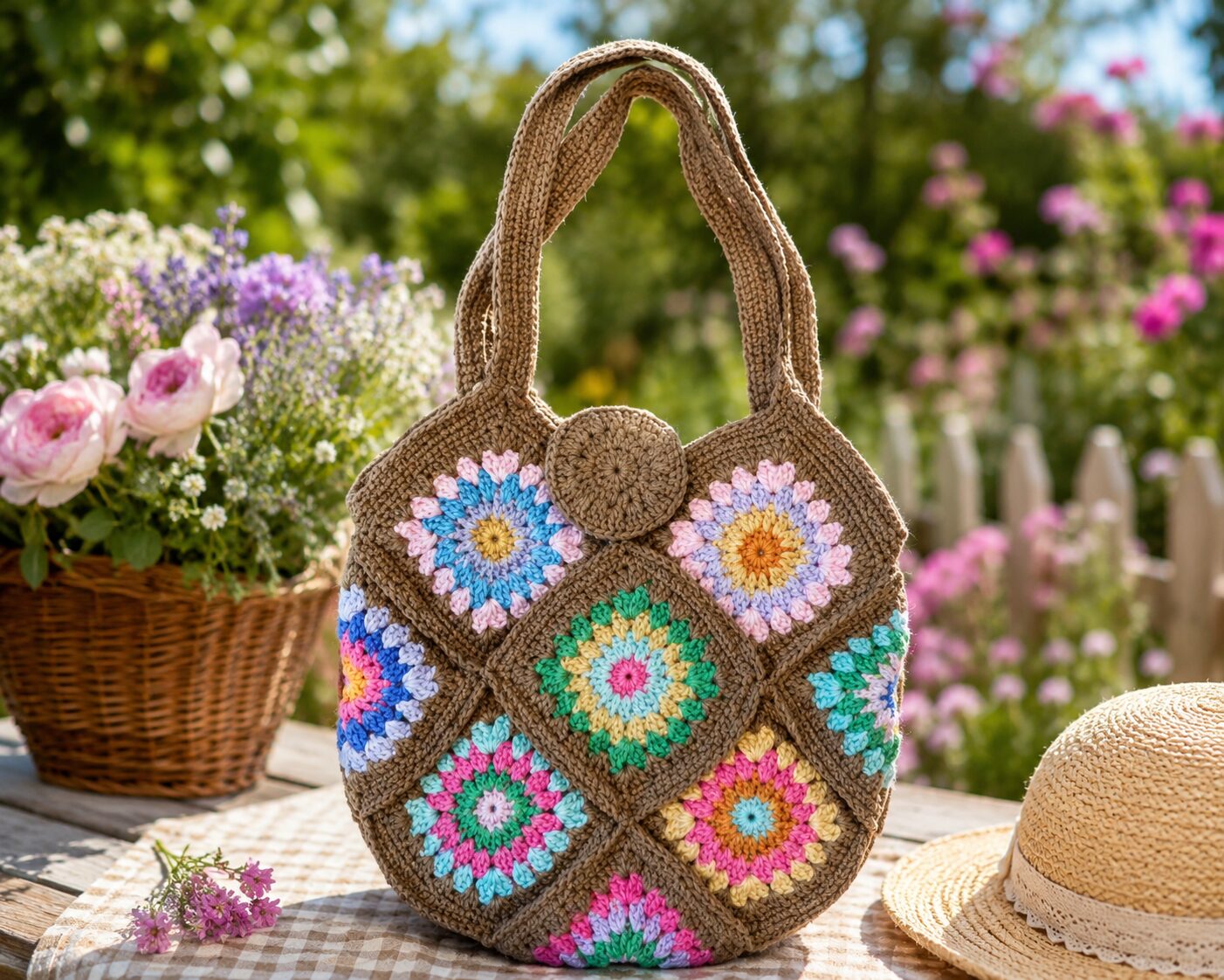 Handmade Crochet Granny Square Tote Bag With Floral Boho Patchwork Design - Image 2