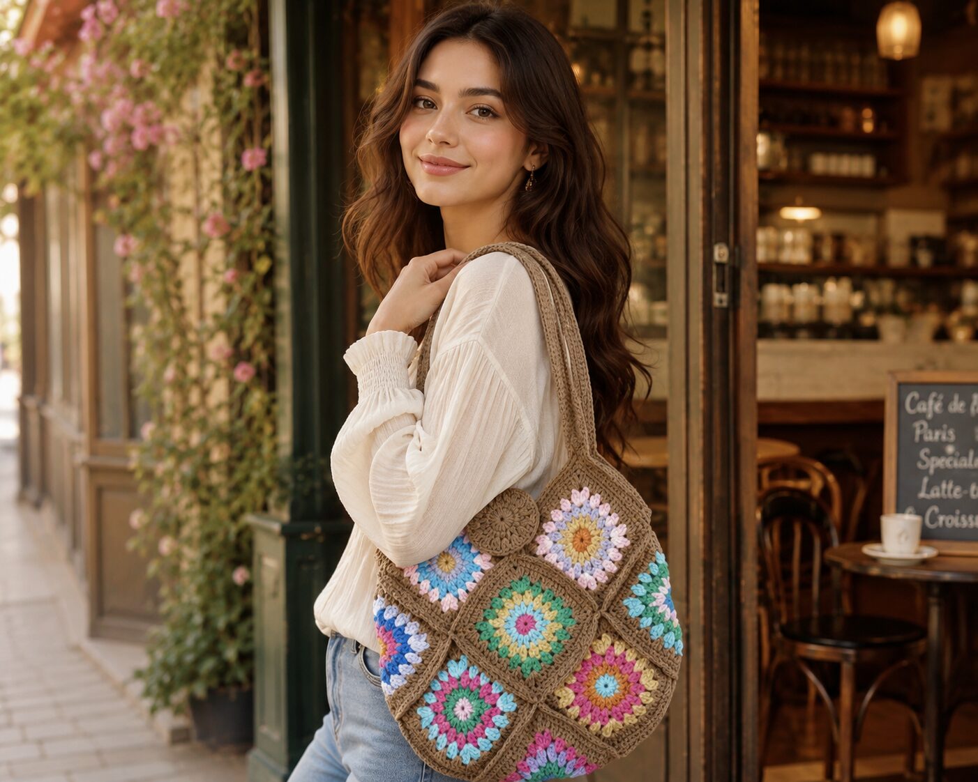 Handmade Crochet Granny Square Tote Bag With Floral Boho Patchwork Design - Image 3