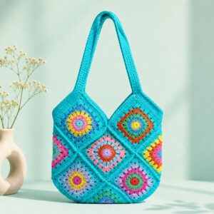 Handmade Crochet Granny Square Tote Bag With Multicolor Floral Boho Design