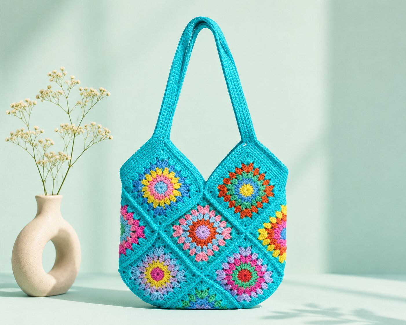 Handmade Crochet Granny Square Tote Bag With Multicolor Floral Boho Design