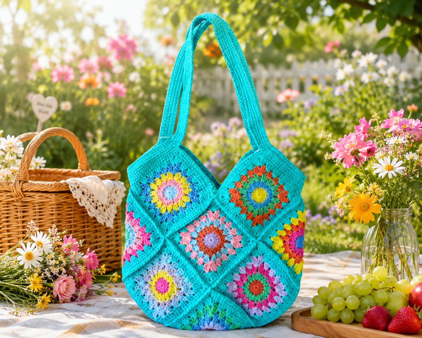 Handmade Crochet Granny Square Tote Bag With Multicolor Floral Boho Design - Image 2