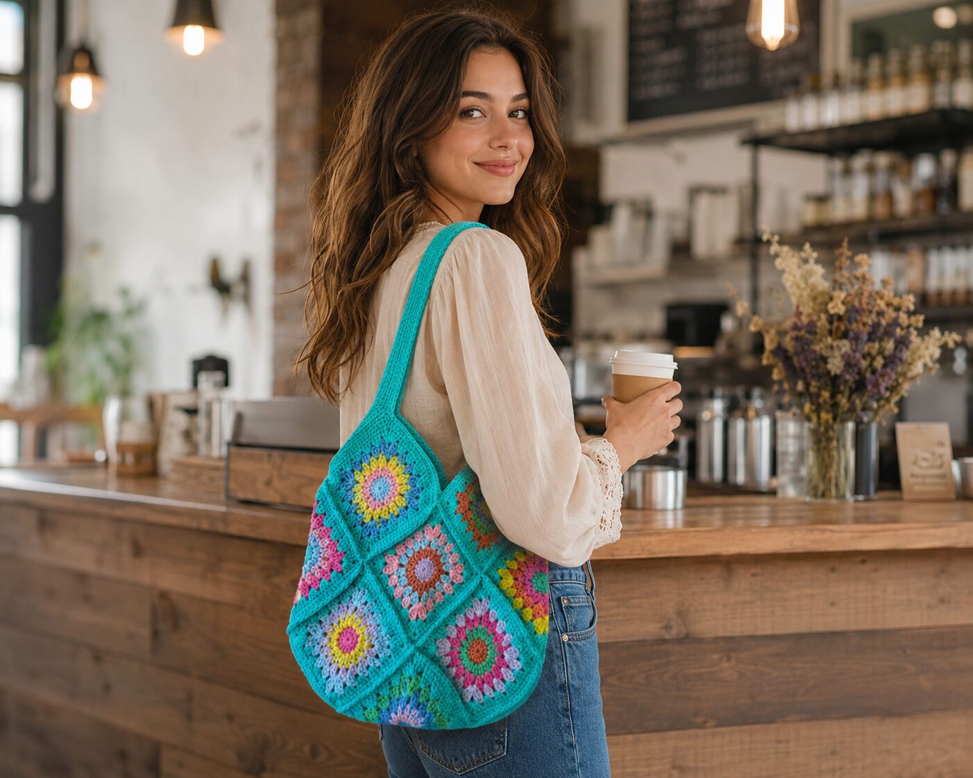 Handmade Crochet Granny Square Tote Bag With Multicolor Floral Boho Design - Image 3