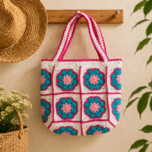 Handmade Crochet Granny Square Tote Bag With Multicolor Boho Floral Design