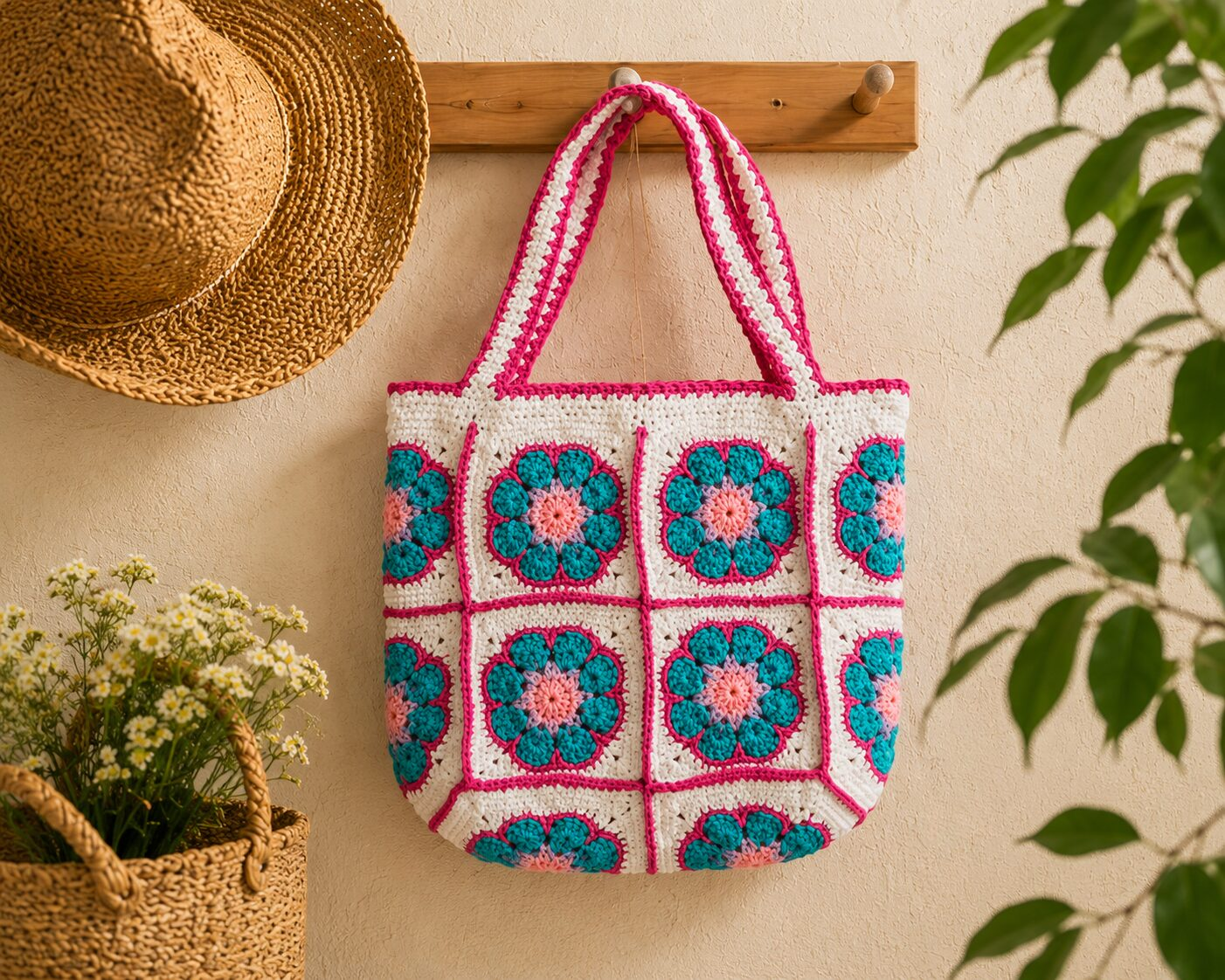 Handmade Crochet Granny Square Tote Bag With Multicolor Boho Floral Design