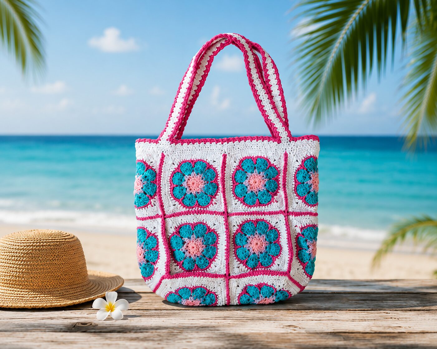 Handmade Crochet Granny Square Tote Bag With Multicolor Boho Floral Design - Image 3