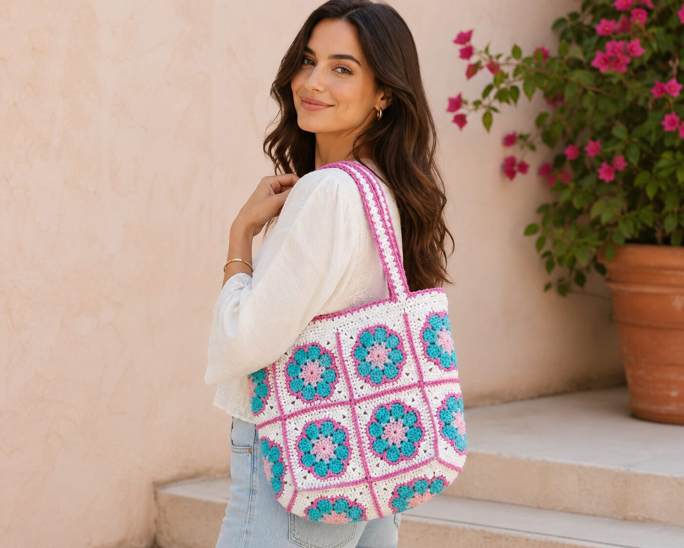 Handmade Crochet Granny Square Tote Bag With Multicolor Boho Floral Design - Image 2