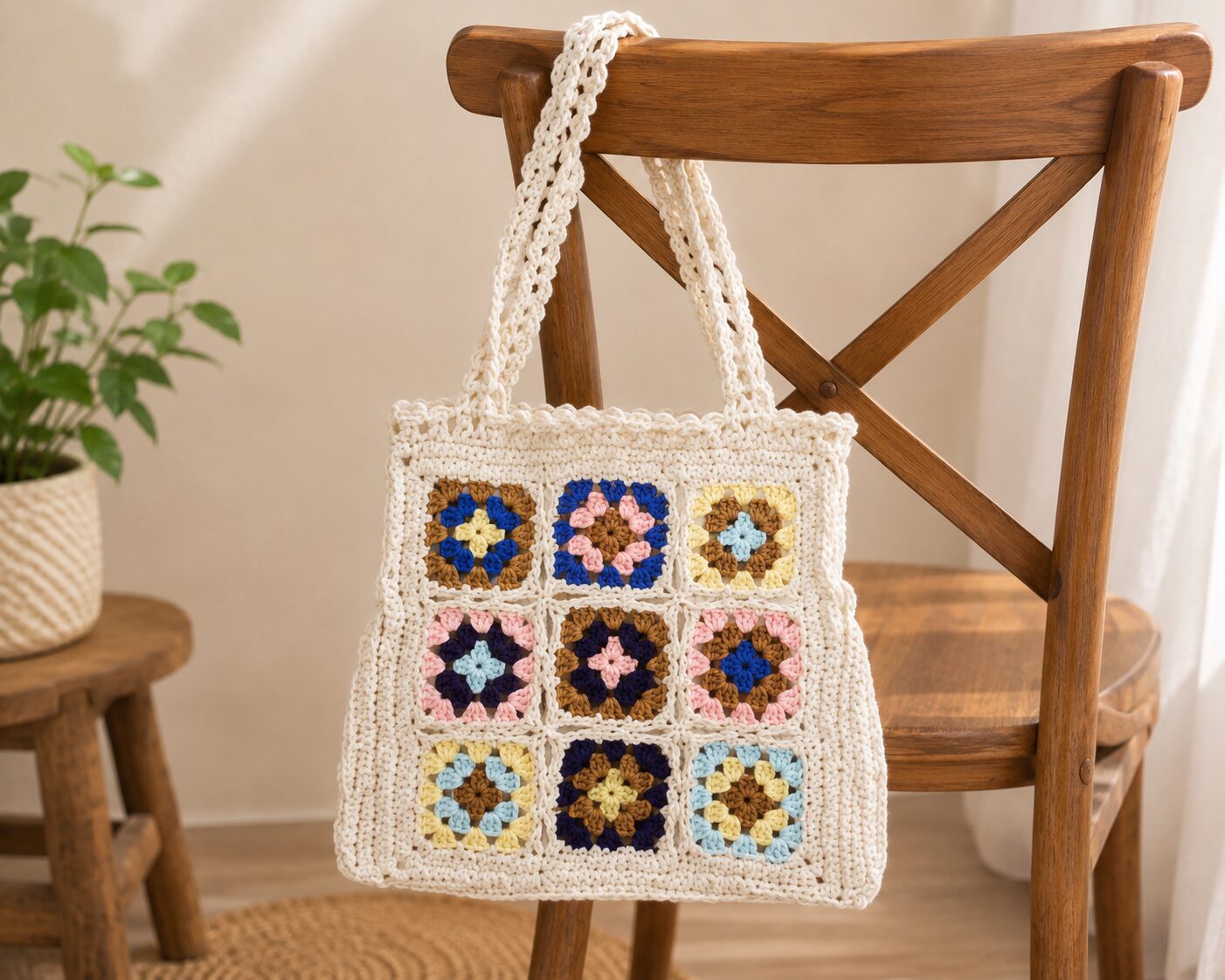 Handmade Crochet Granny Square Tote With Classic Multicolor Shoulder Bag Design - Image 3