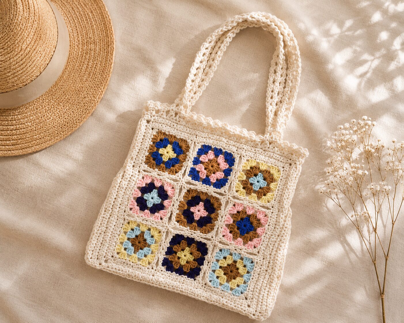 Handmade Crochet Granny Square Tote With Classic Multicolor Shoulder Bag Design - Image 2