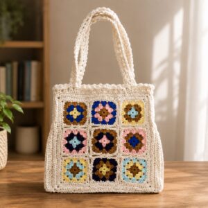 Handmade Crochet Granny Square Tote With Classic Multicolor Shoulder Bag Design