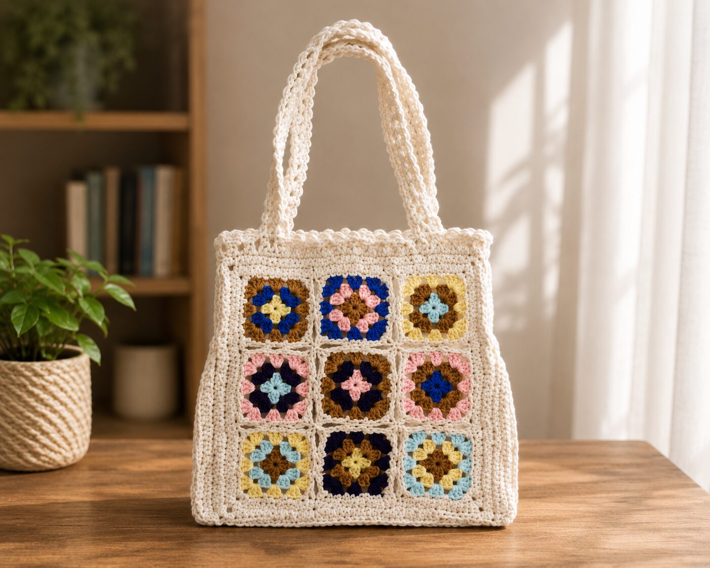 Handmade Crochet Granny Square Tote With Classic Multicolor Shoulder Bag Design