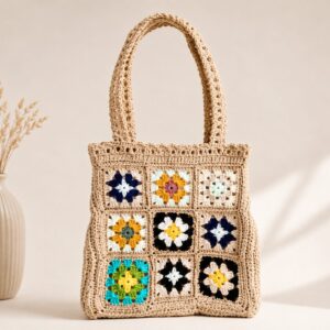 Handmade Crochet Granny Square Tote With Beige Multicolor Shoulder Bag Design