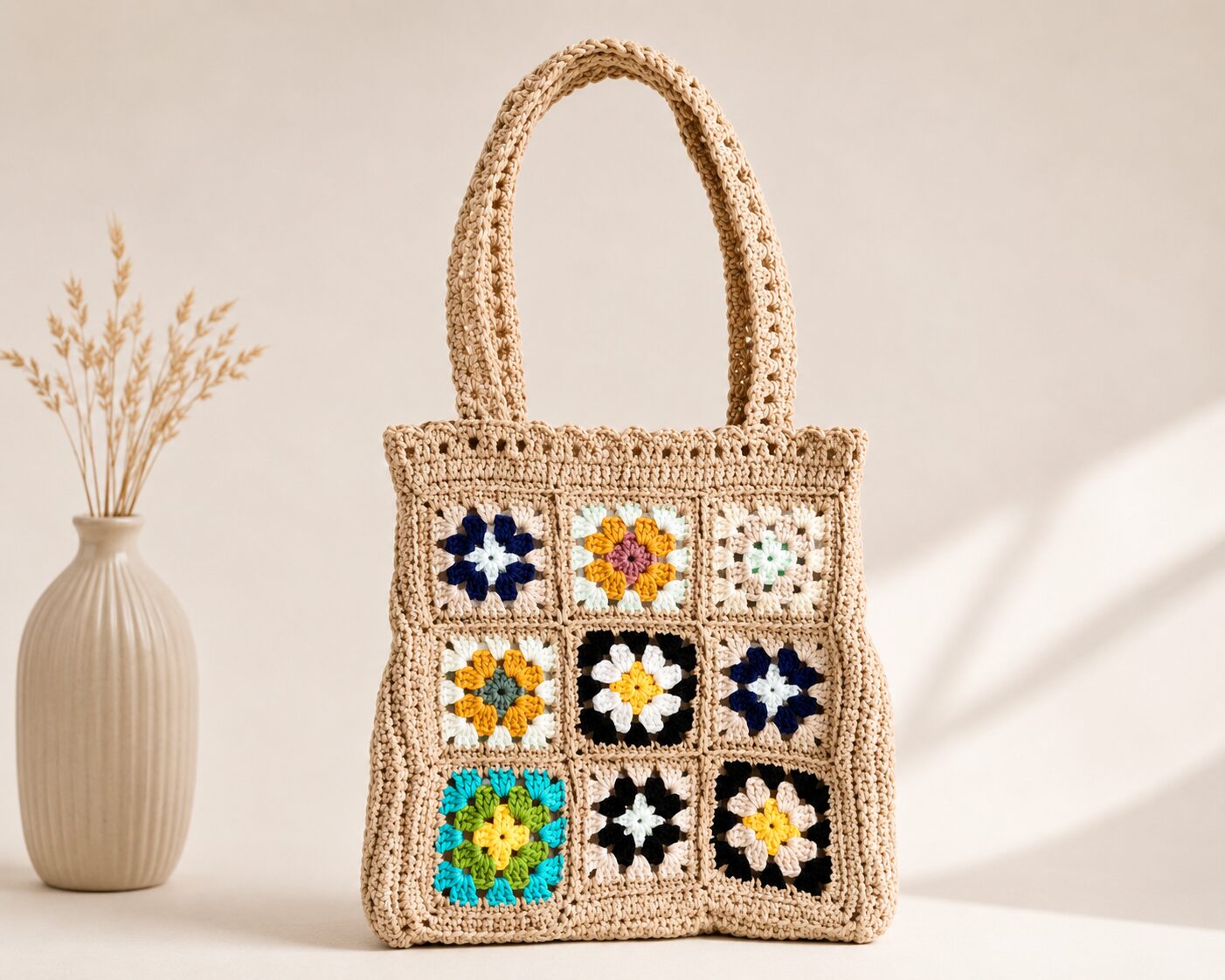 Handmade Crochet Granny Square Tote With Beige Multicolor Shoulder Bag Design