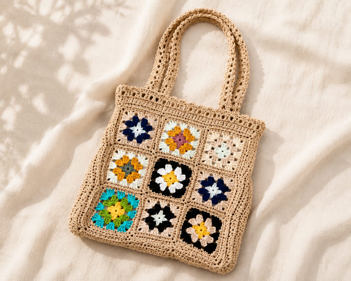 Handmade Crochet Granny Square Tote With Beige Multicolor Shoulder Bag Design - Image 3