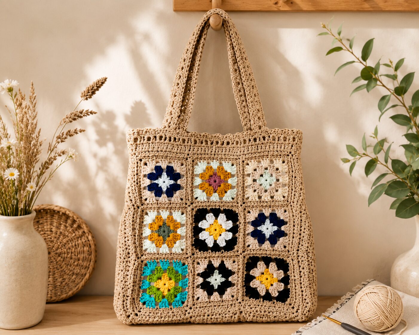 Handmade Crochet Granny Square Tote With Beige Multicolor Shoulder Bag Design - Image 2